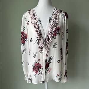 Joie White and Red Ruffled Long Sleeve Blouse